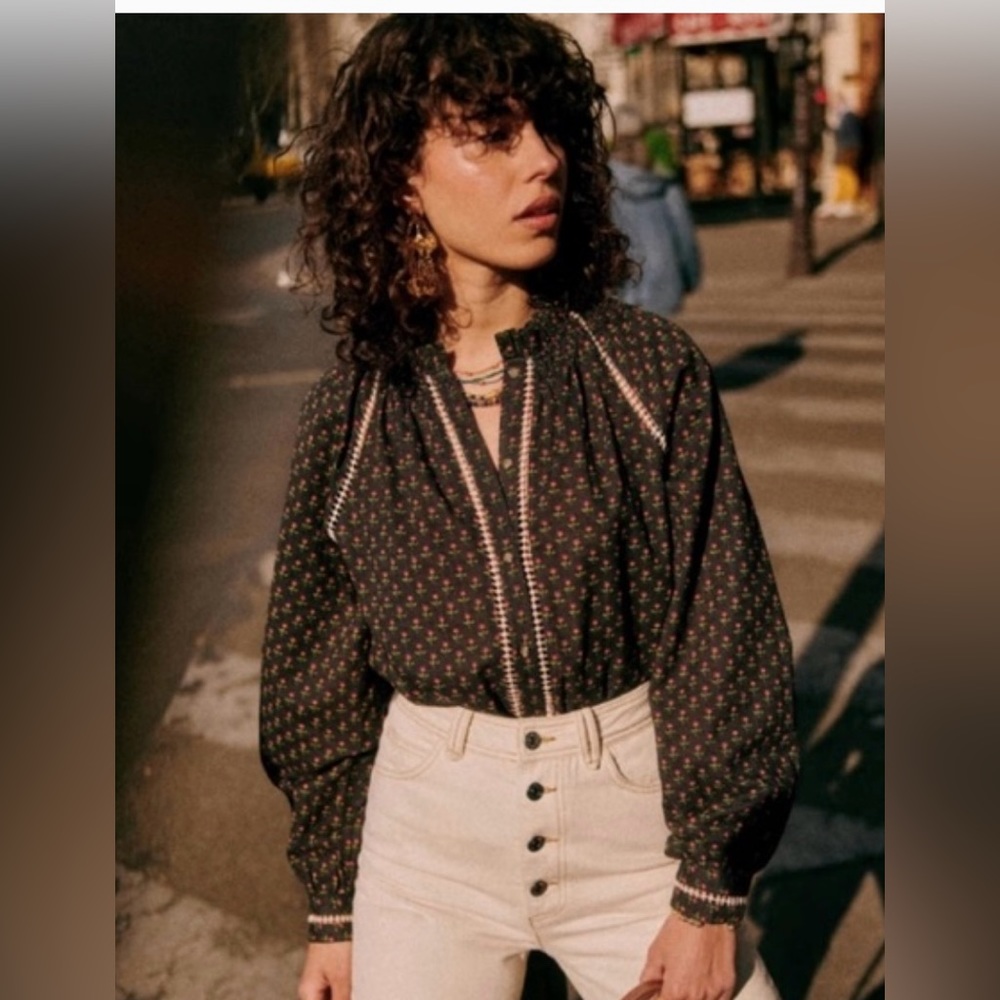 Sezane Black Floral Button Down Shirt
